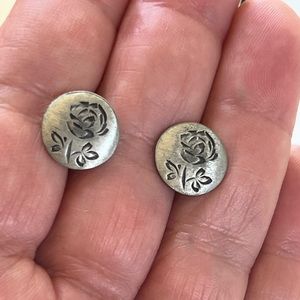 Engraved roses on pewter round disc stud post earrings